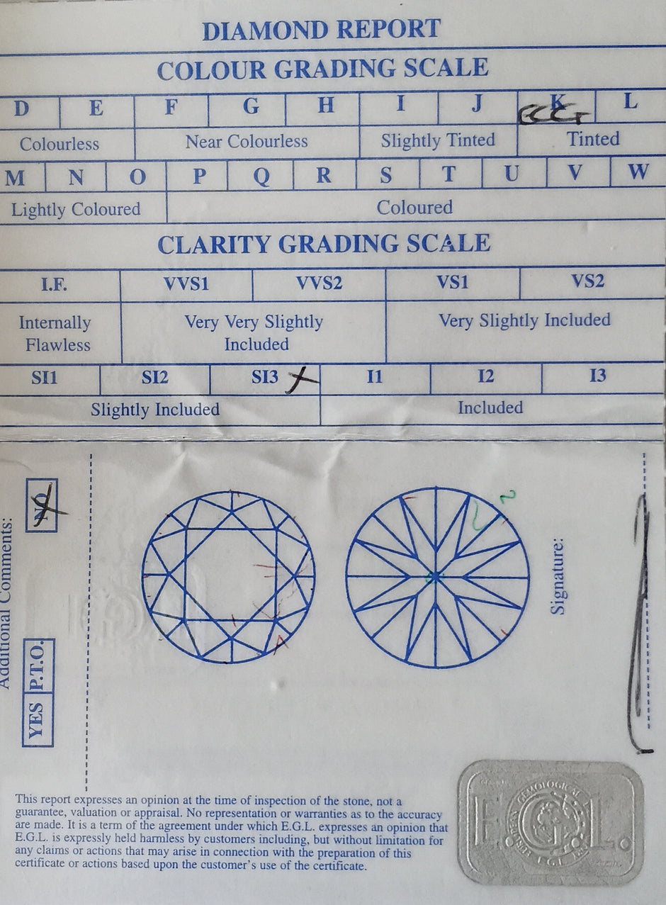 Diamond grading report with color and clarity grading scales and two diamond illustrations.