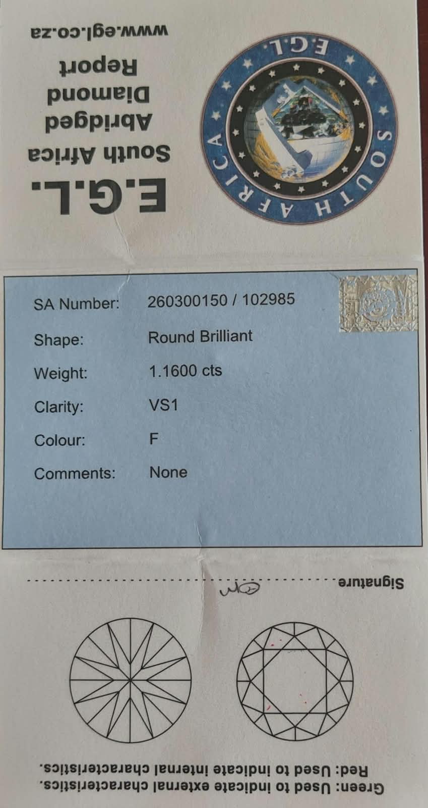Round Brilliant Cut Diamond 1.1600cts VS1 F EGL Grading Report