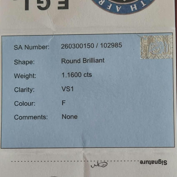 Round Brilliant Cut Diamond 1.1600cts VS1 F EGL Grading Report