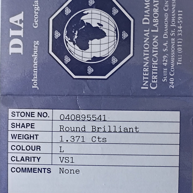 Diamond certification label with International Diamond Certification Laboratory details