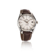 Omega watch, white dial, and brown leather strap with light contrast stitching, shown on a white background with a reflection.