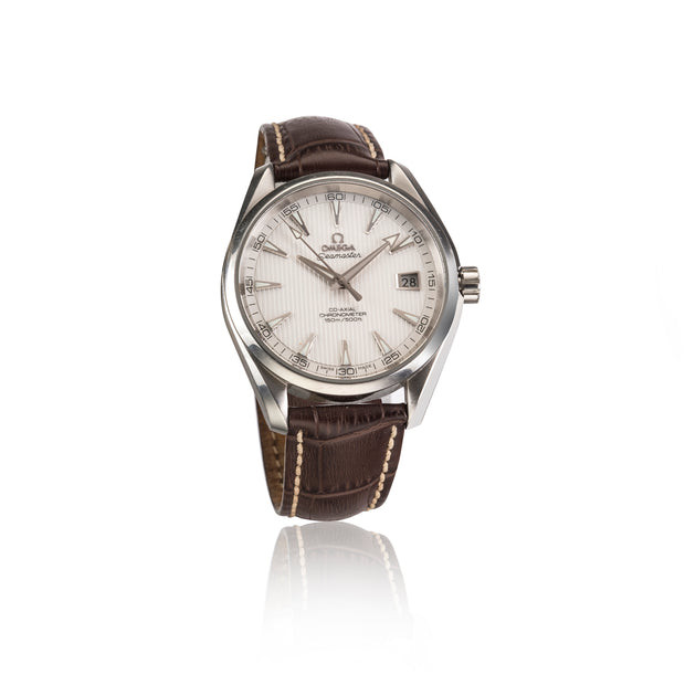 Omega watch, white dial, and brown leather strap with light contrast stitching, shown on a white background with a reflection.