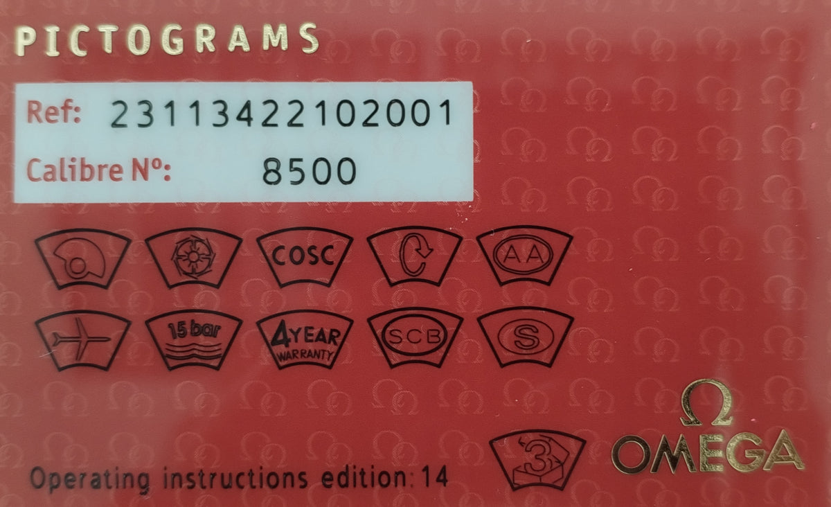 Omega Pictograms operating instructions card, showing a red background with the Omega logo, a white reference and caliber label, and various black certification and feature icons.