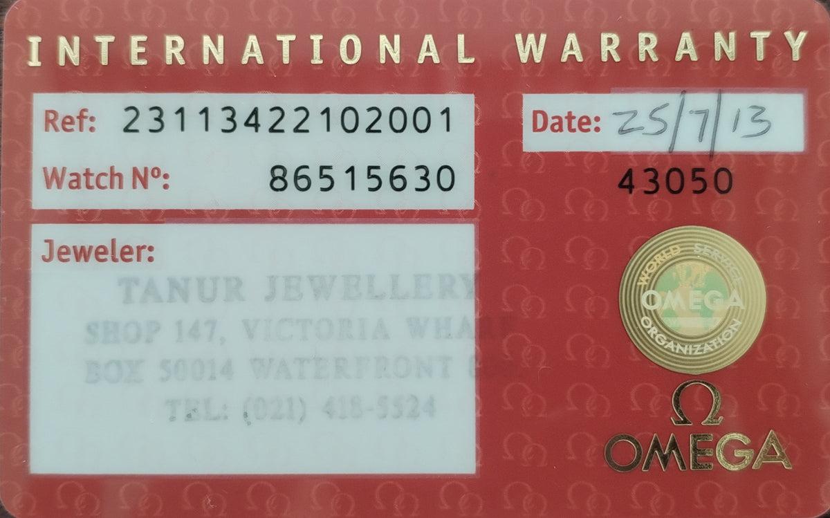 An Omega International Warranty card for a watch, featuring a red background with gold lettering, white text boxes for reference and watch number, a gold Omega seal, and the Omega logo at the bottom right.