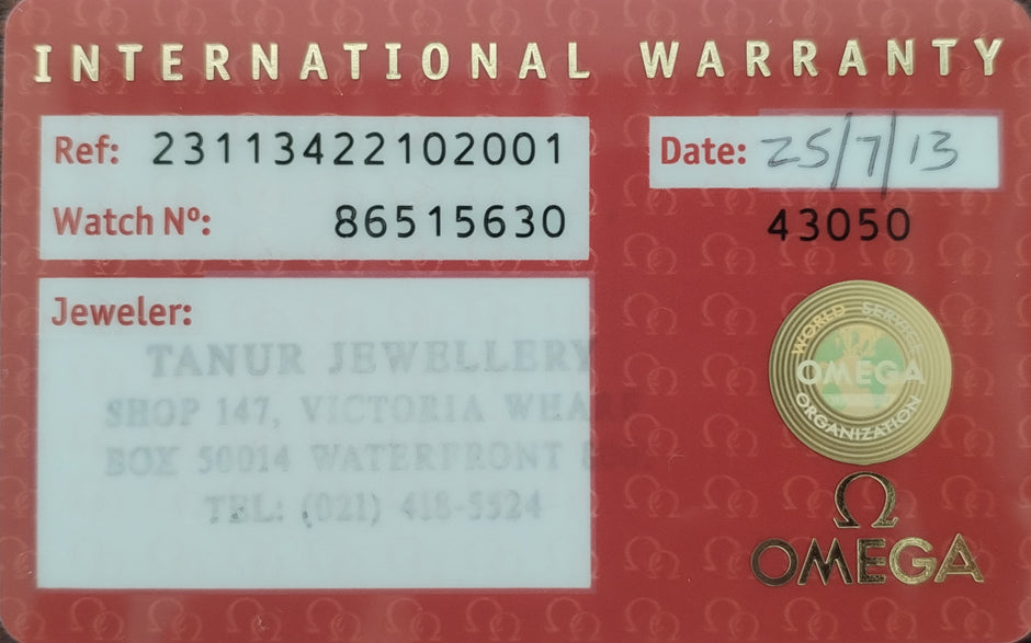 An Omega International Warranty card for a watch, featuring a red background with gold lettering, white text boxes for reference and watch number, a gold Omega seal, and the Omega logo at the bottom right.
