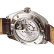 Close-up of a wristwatch back case showing the exposed mechanical movement, with a brown leather strap visible on both sides against a white background.