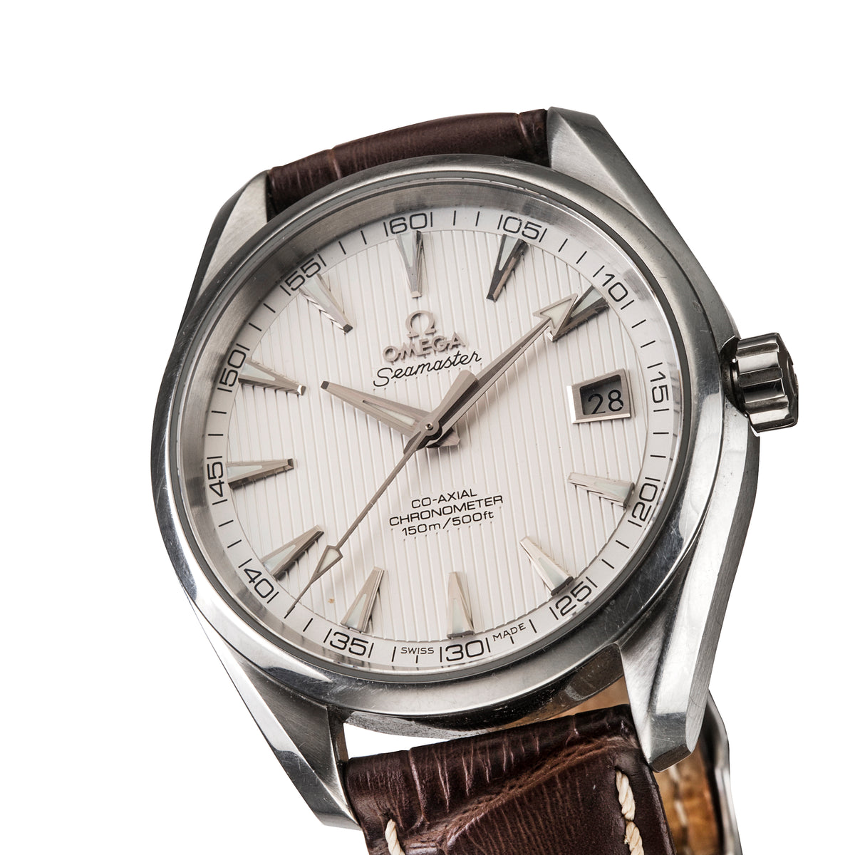 Oyster Seamaster Co-Axial Chronometer watch with a stainless steel case, white dial, and a dark brown leather strap, shown on a white background.