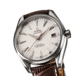 Oyster Seamaster Co-Axial Chronometer watch with a stainless steel case, white dial, and a dark brown leather strap, shown on a white background.