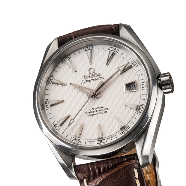 Oyster Seamaster Co-Axial Chronometer watch with a stainless steel case, white dial, and a dark brown leather strap, shown on a white background.