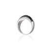 Silver ring with black gemstone on a white background