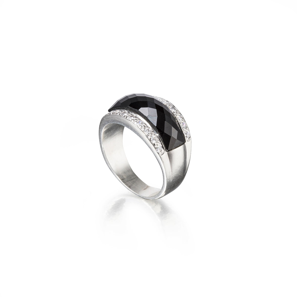 Silver ring with a black gemstone on a white background