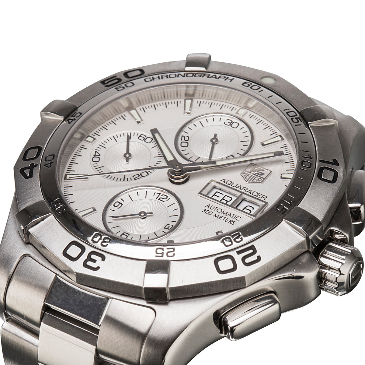 A close-up shot of a TAG Heuer Aquaracer automatic chronograph watch with a silver stainless steel case, white dial, and integrated link bracelet on a white background.