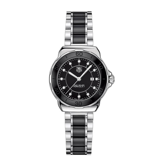 TAG Heuer Formula 1 wristwatch with a black dial, silver-tone stainless steel case, and a two-tone silver and black ceramic link bracelet, shown against a plain white background.