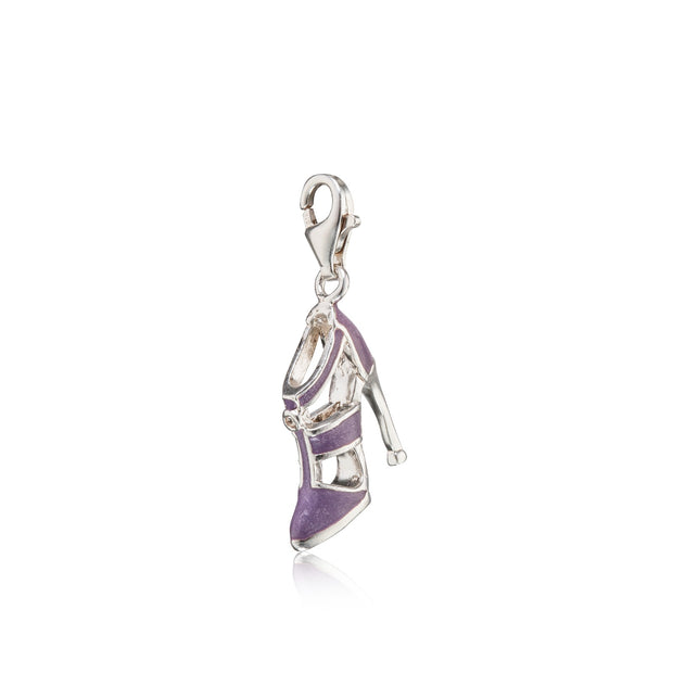 Purple high-heeled shoe charm on a white background