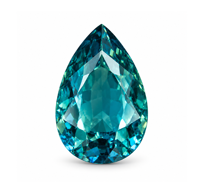 Natural slightly greenish blue pear-shaped tourmaline on white background