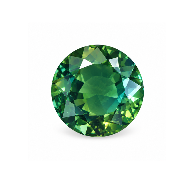 Natural medium-toned bluish-green round brilliant tourmaline on white background