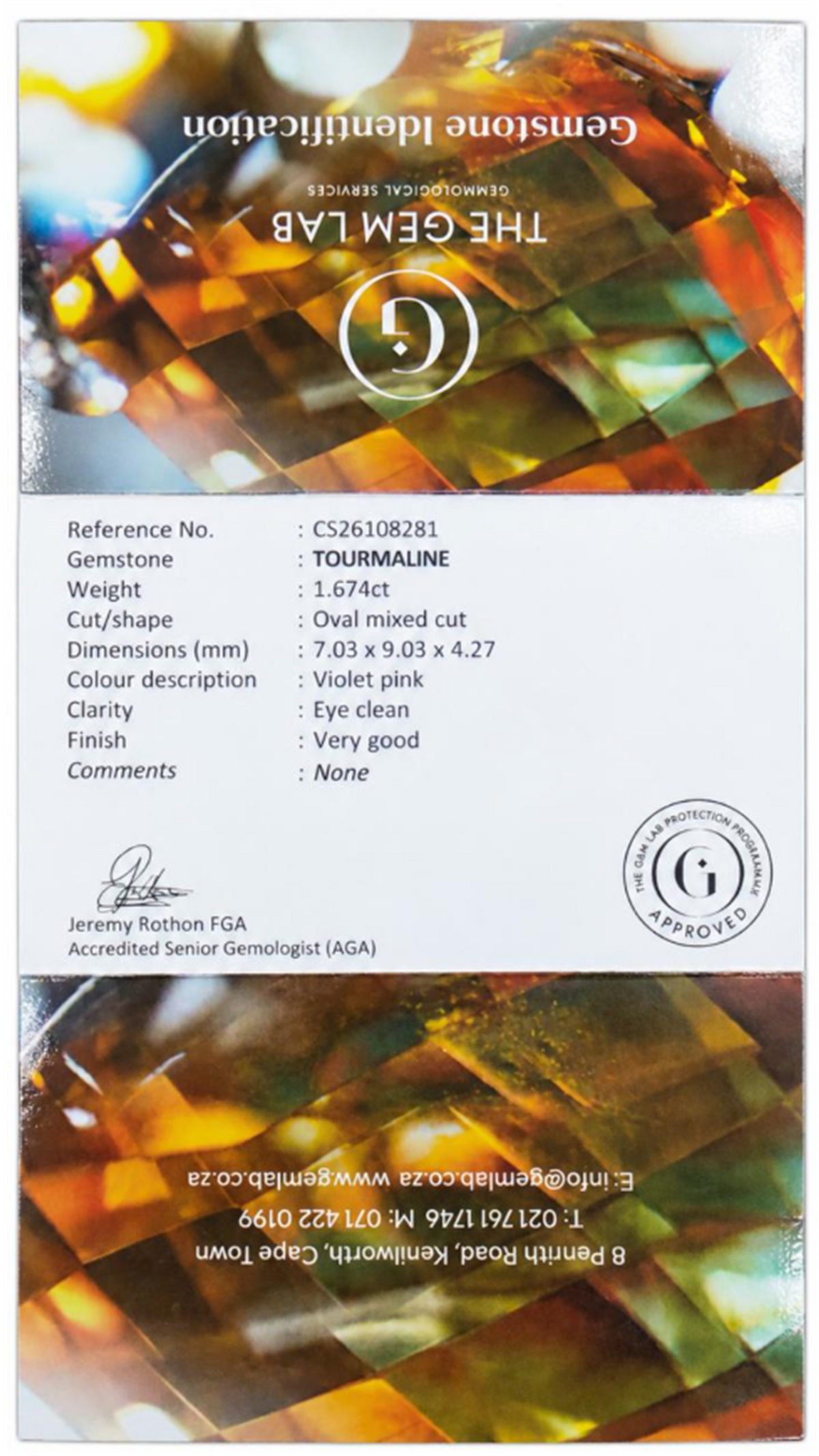 GEMLAB identification certificate for natural tourmaline