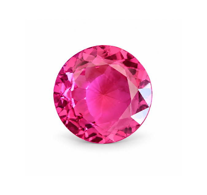 Natural violet-pink round mixed-cut tourmaline on white background