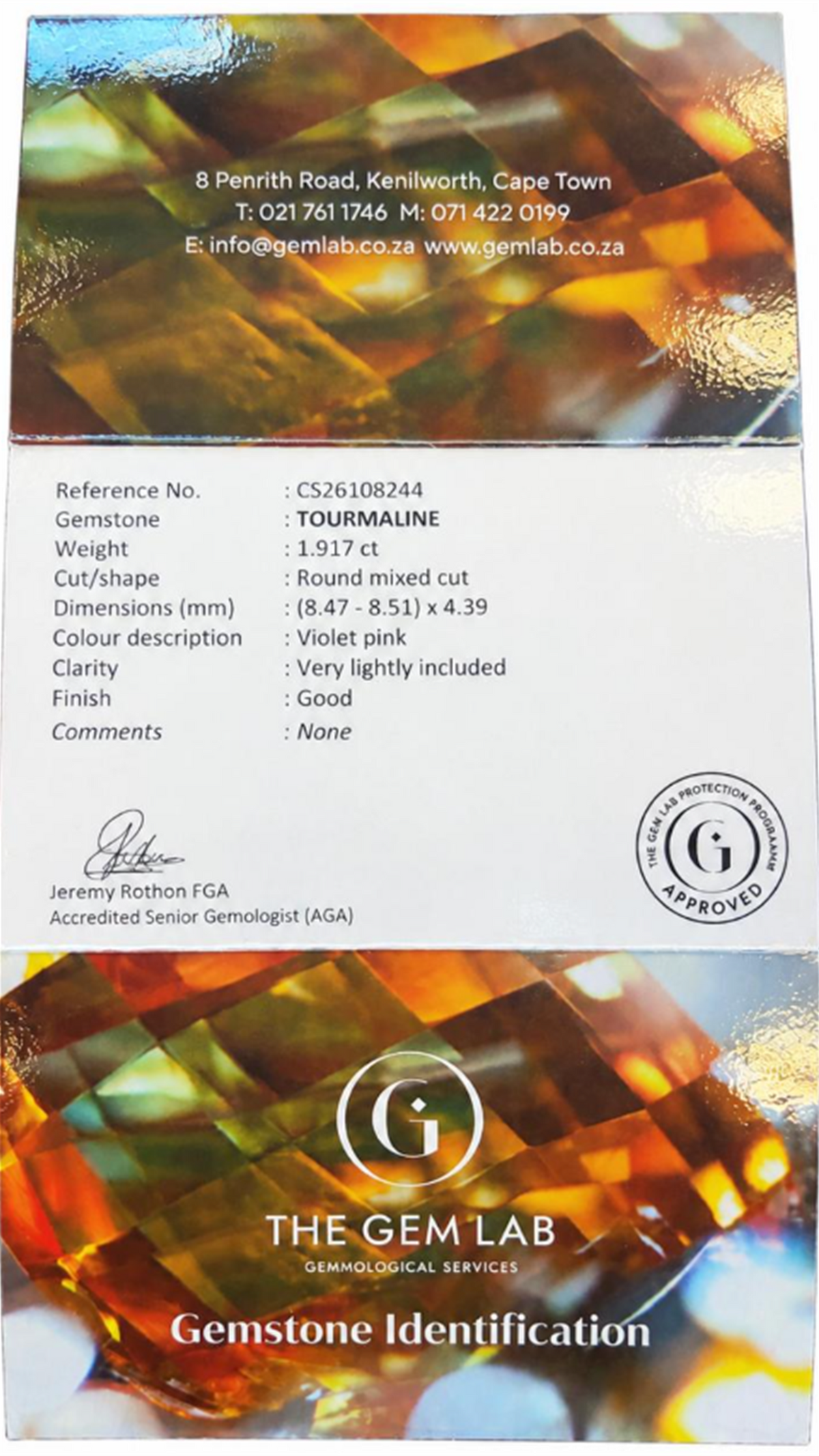 GEMLAB identification certificate for natural tourmaline