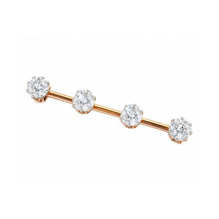 A rose gold barbell-style body jewelry piece with four clear round-cut gemstones set in floral clusters, shown on a plain white background.