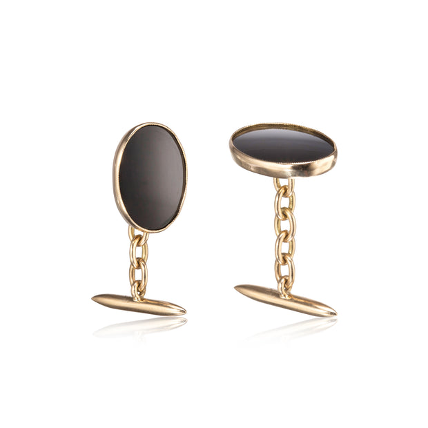 Vintage 18ct Yellow Gold Cufflinks set with Black Onyx One side up