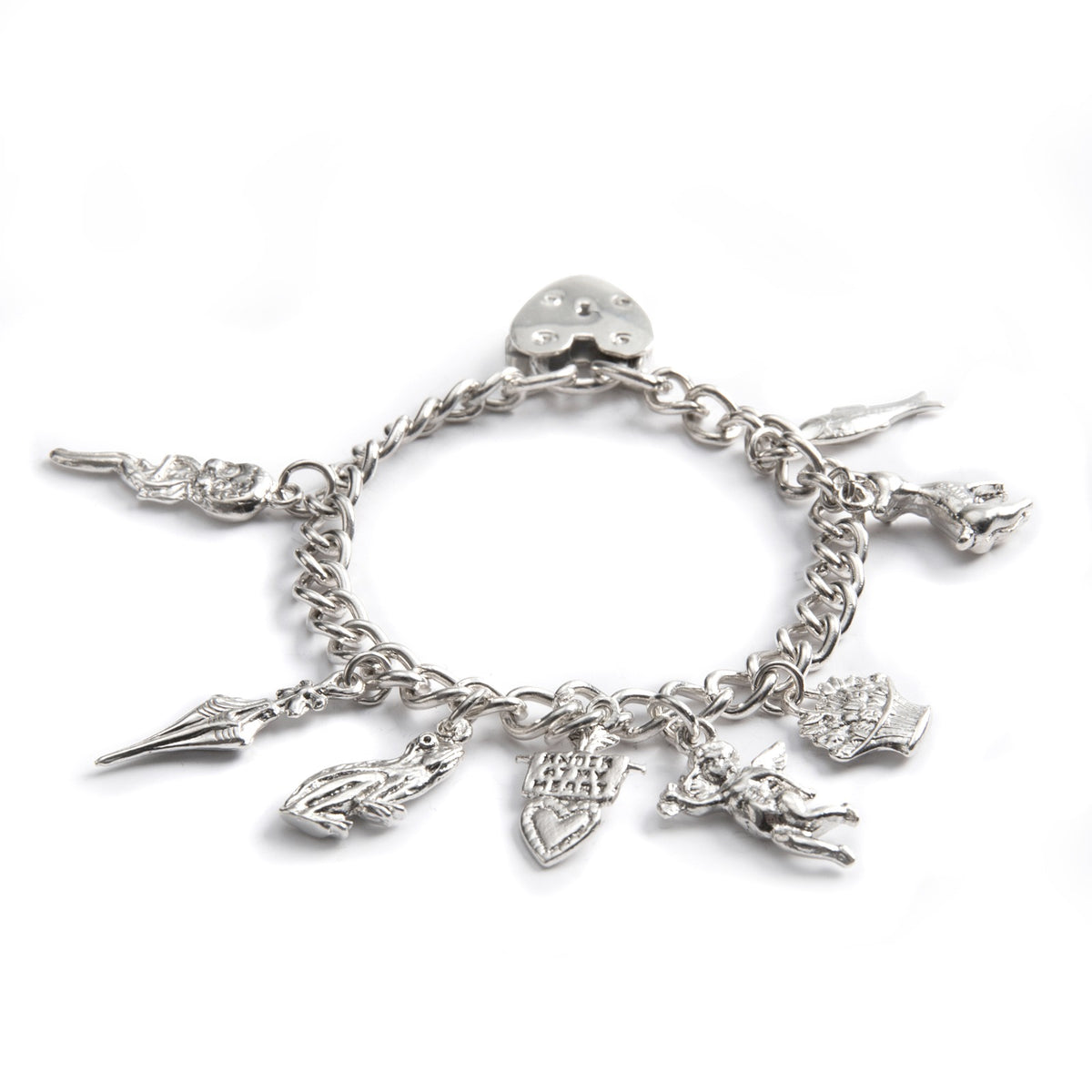 Silver charm bracelet with various charms on a white background