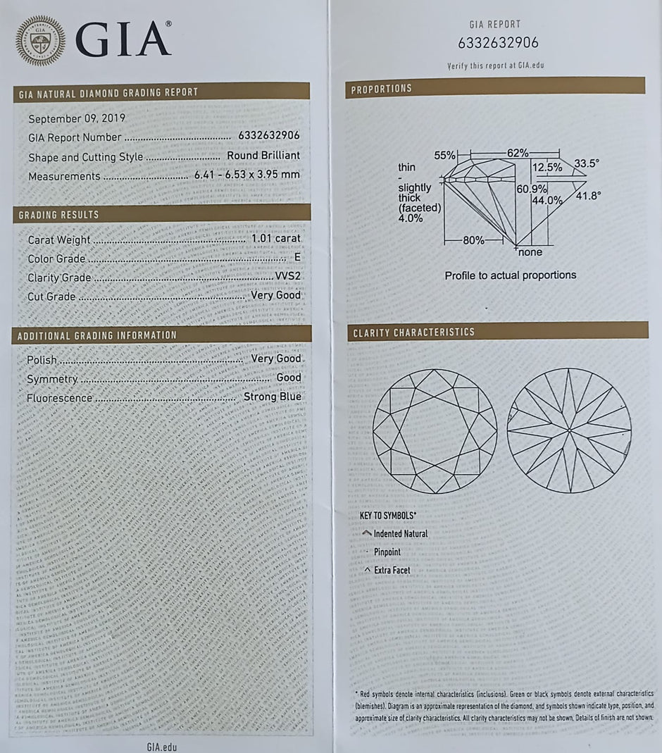 Round Brilliant Cut Diamond 1.01cts E VVS2