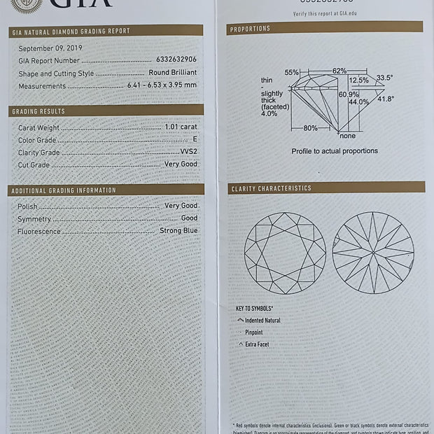 Round Brilliant Cut Diamond 1.01cts E VVS2