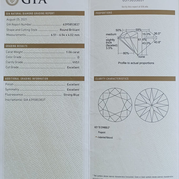 Round Brilliant Cut Diamond 1.06cts D VVS1