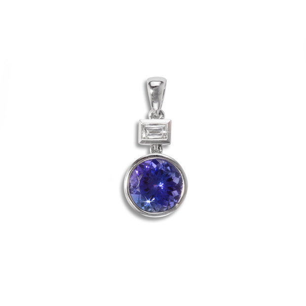 18ct White Gold Diamond and Round Brilliant Cut Tanzanite Pendant