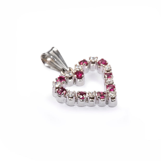 18ct White Gold Diamond and Synthetic Ruby Pendant with a 9ct White Gold Chain